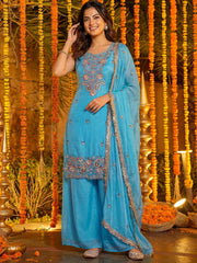 Glamorous Blue Embroidered Silk Wedding Wear Palazzo Suit