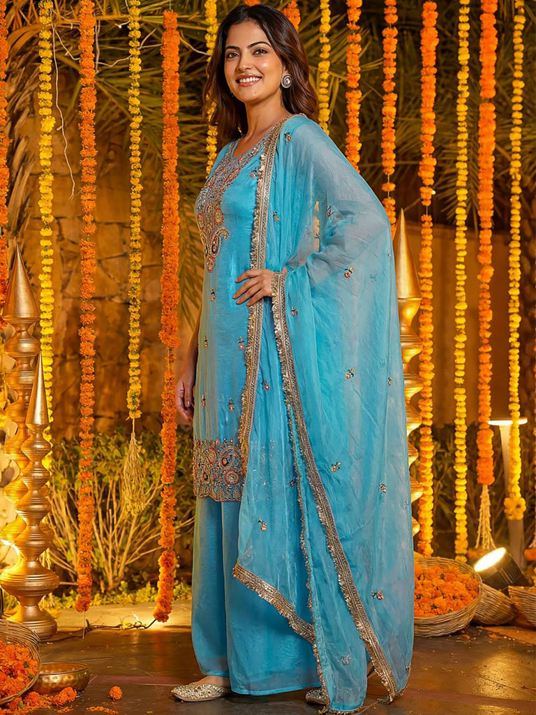 Glamorous Blue Embroidered Silk Wedding Wear Palazzo Suit