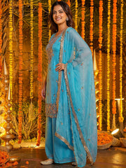 Glamorous Blue Embroidered Silk Wedding Wear Palazzo Suit