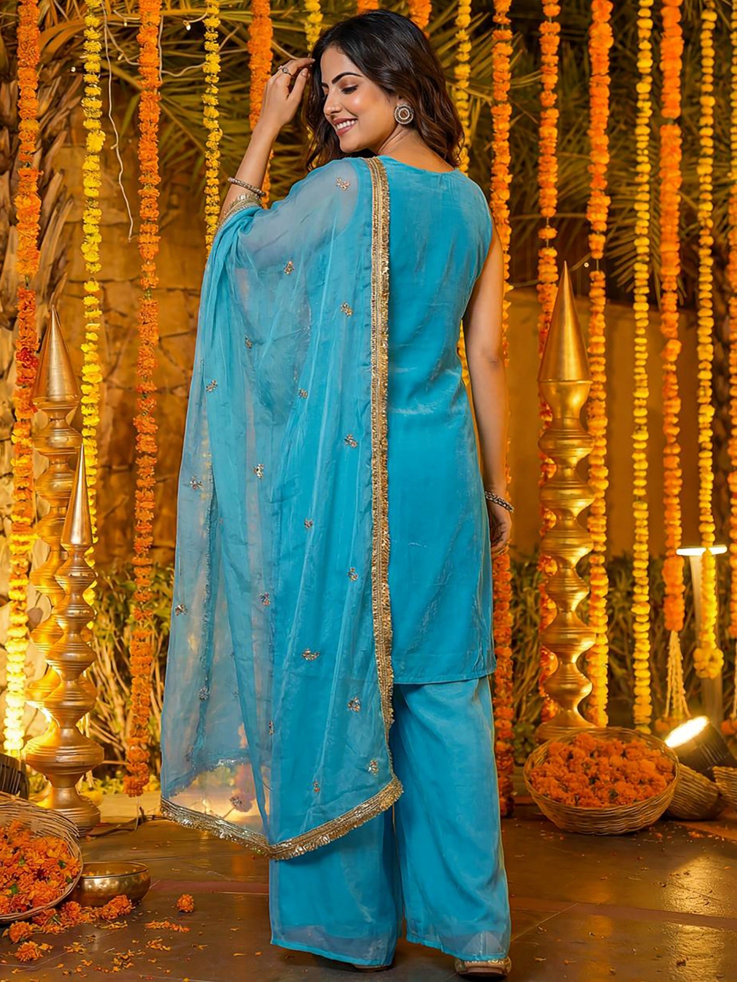 Glamorous Blue Embroidered Silk Wedding Wear Palazzo Suit