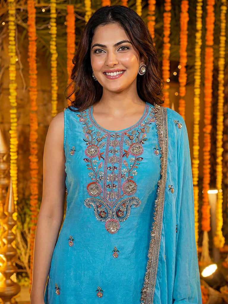 Glamorous Blue Embroidered Silk Wedding Wear Palazzo Suit