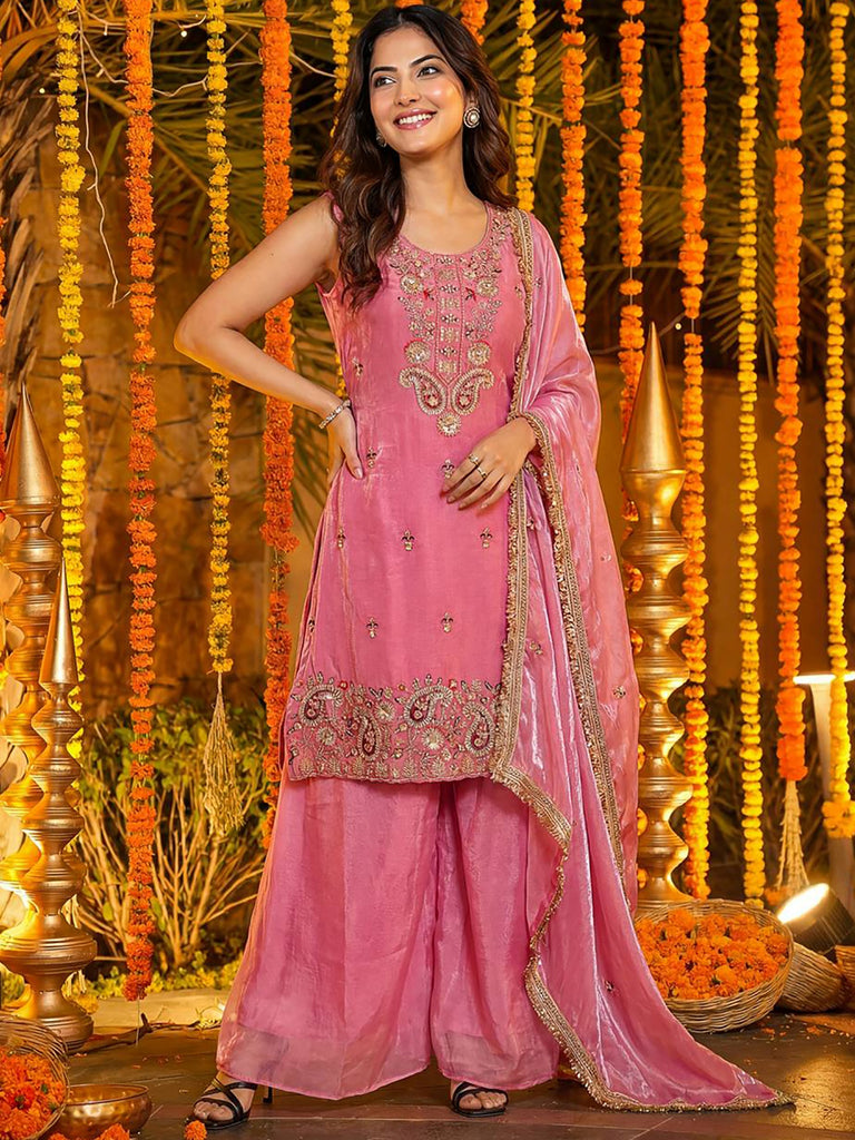 Gorgeous Pink Embroidered Silk Function Wear Palazzo Suit