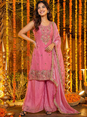 Gorgeous Pink Embroidered Silk Function Wear Palazzo Suit