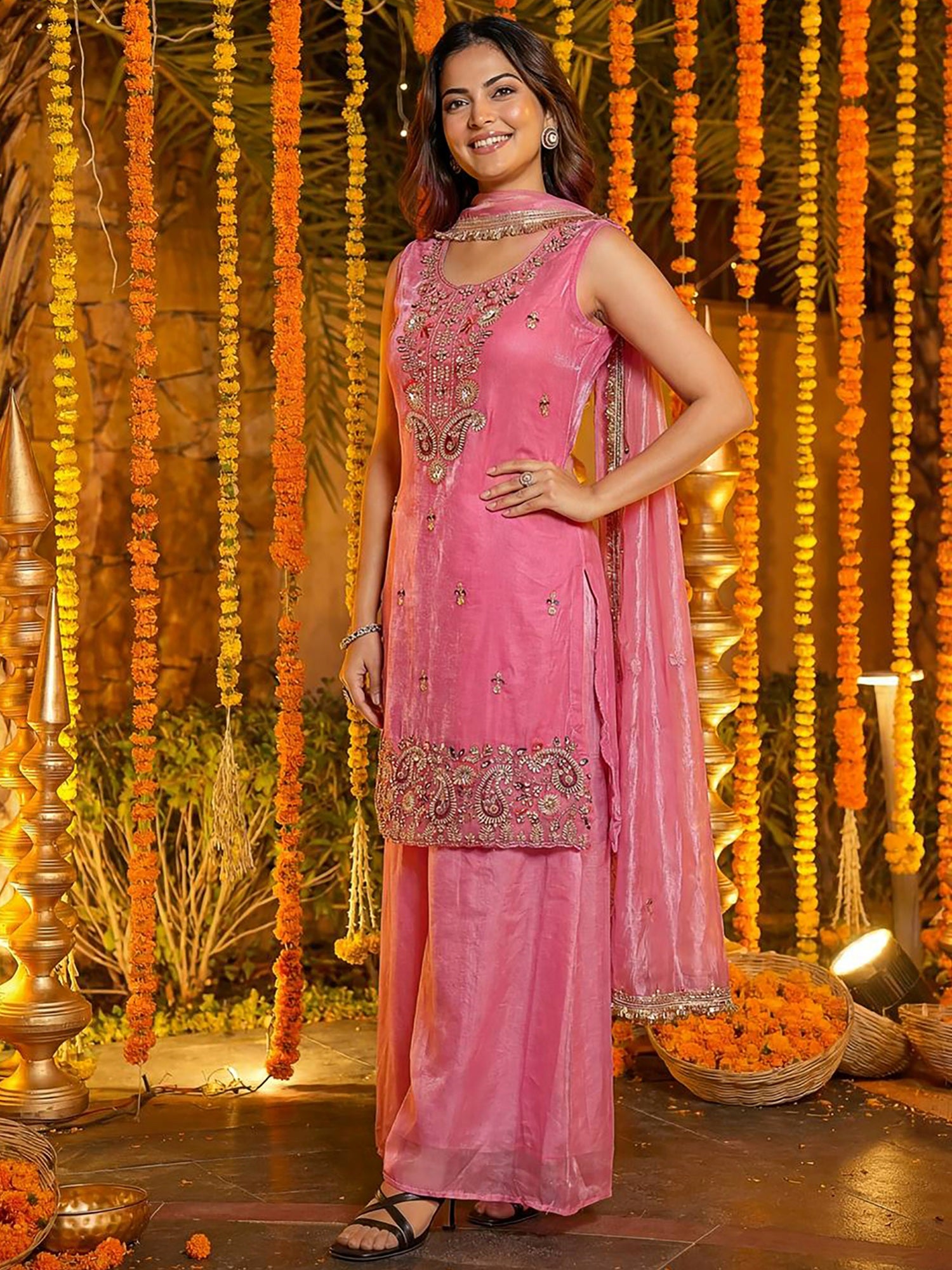 Gorgeous Pink Embroidered Silk Function Wear Palazzo Suit