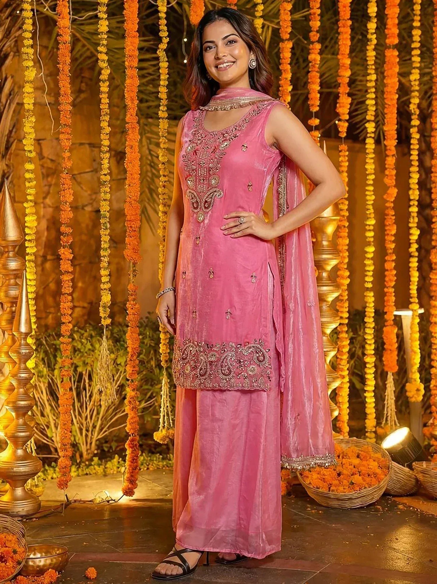 Gorgeous Pink Embroidered Silk Function Wear Palazzo Suit