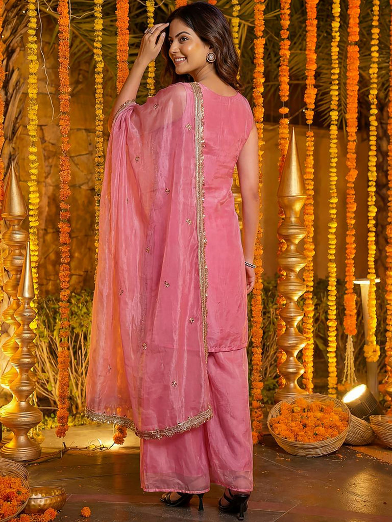 Gorgeous Pink Embroidered Silk Function Wear Palazzo Suit