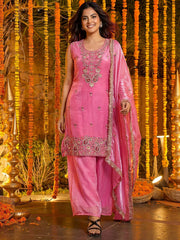 Gorgeous Pink Embroidered Silk Function Wear Palazzo Suit