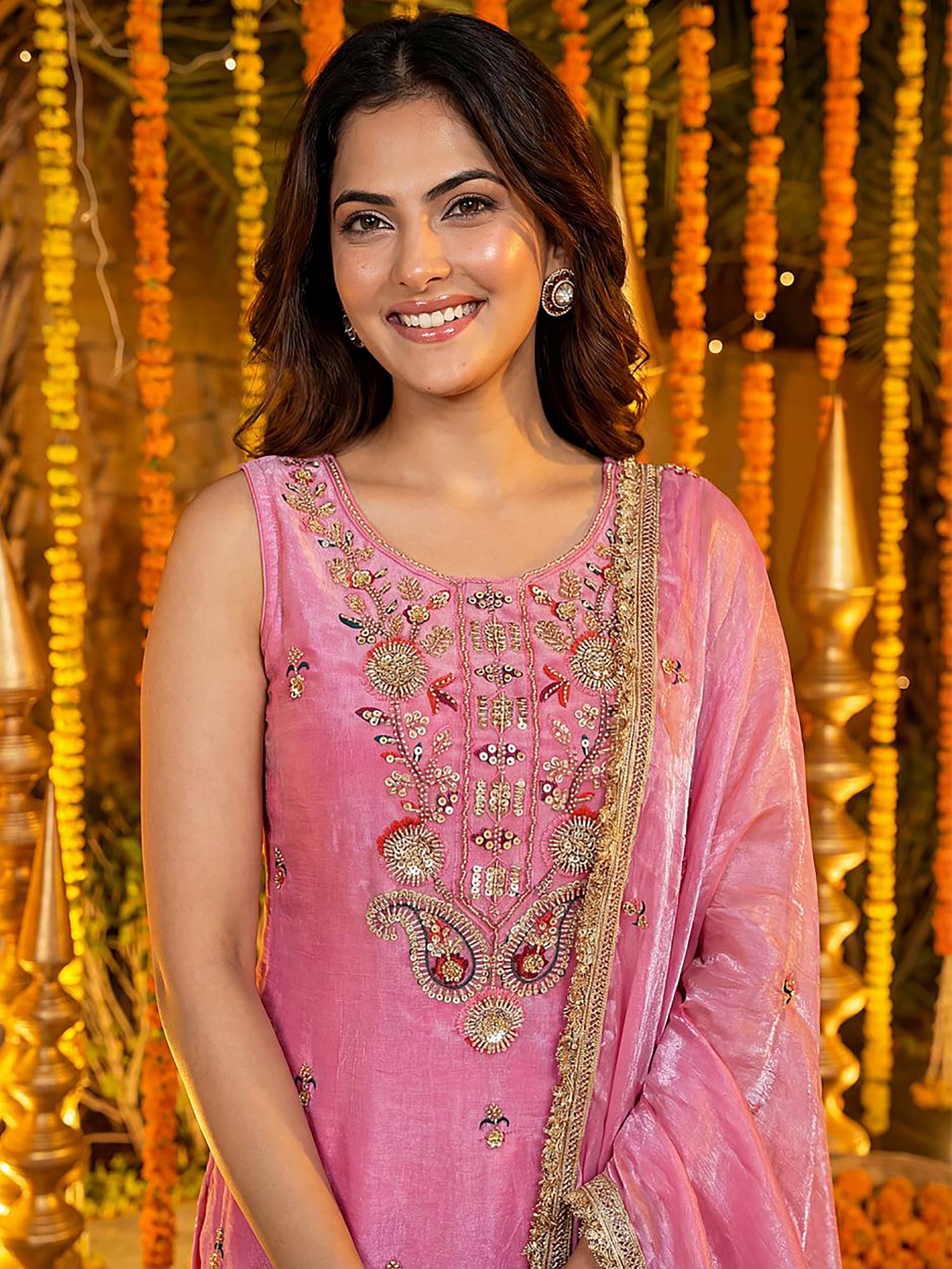 Gorgeous Pink Embroidered Silk Function Wear Palazzo Suit