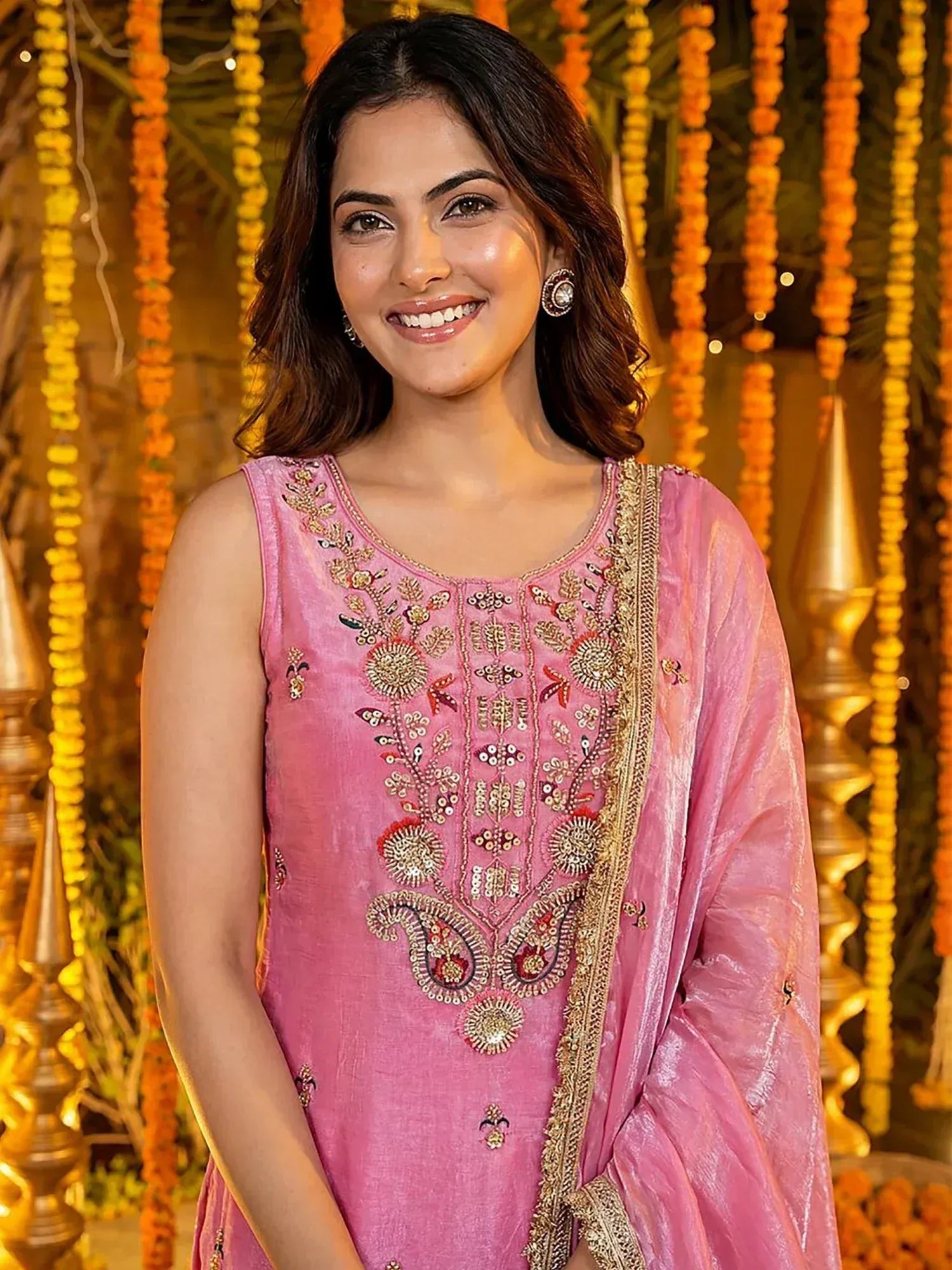 Gorgeous Pink Embroidered Silk Function Wear Palazzo Suit