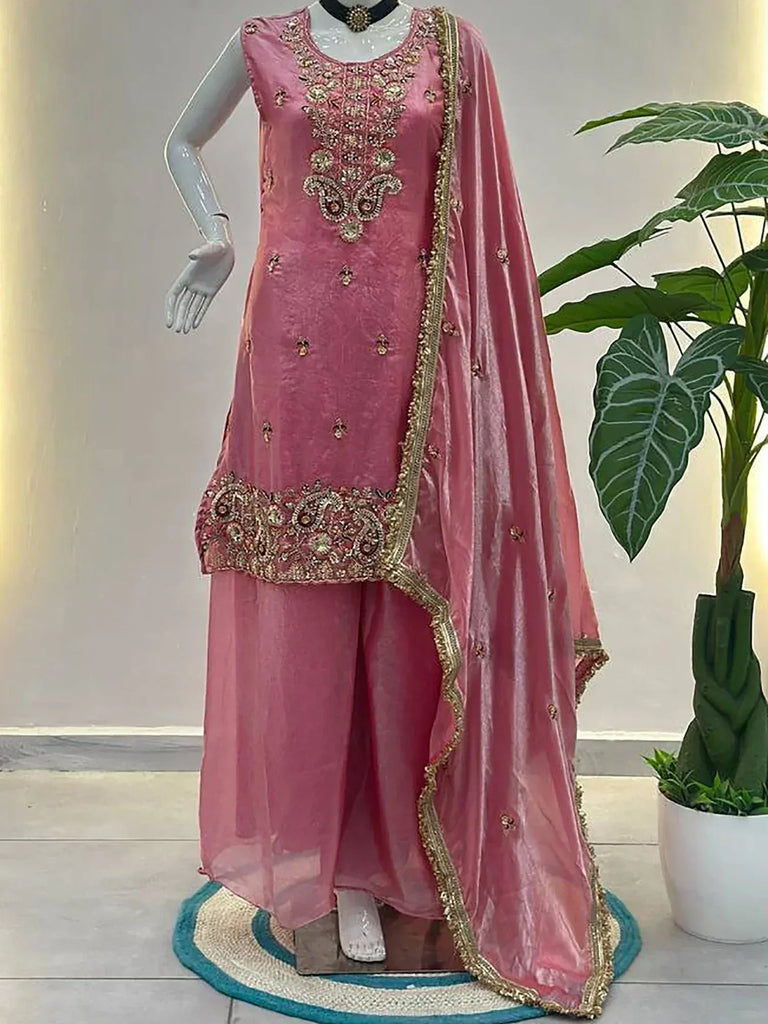 Gorgeous Pink Embroidered Silk Function Wear Palazzo Suit