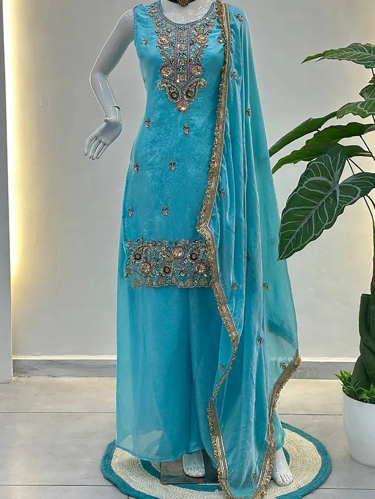 Glamorous Blue Embroidered Silk Wedding Wear Palazzo Suit