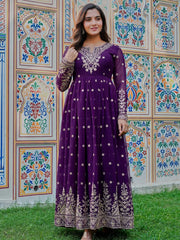 Stunning Purple Embroidered Georgette Wedding Wear Gown With Dupatta