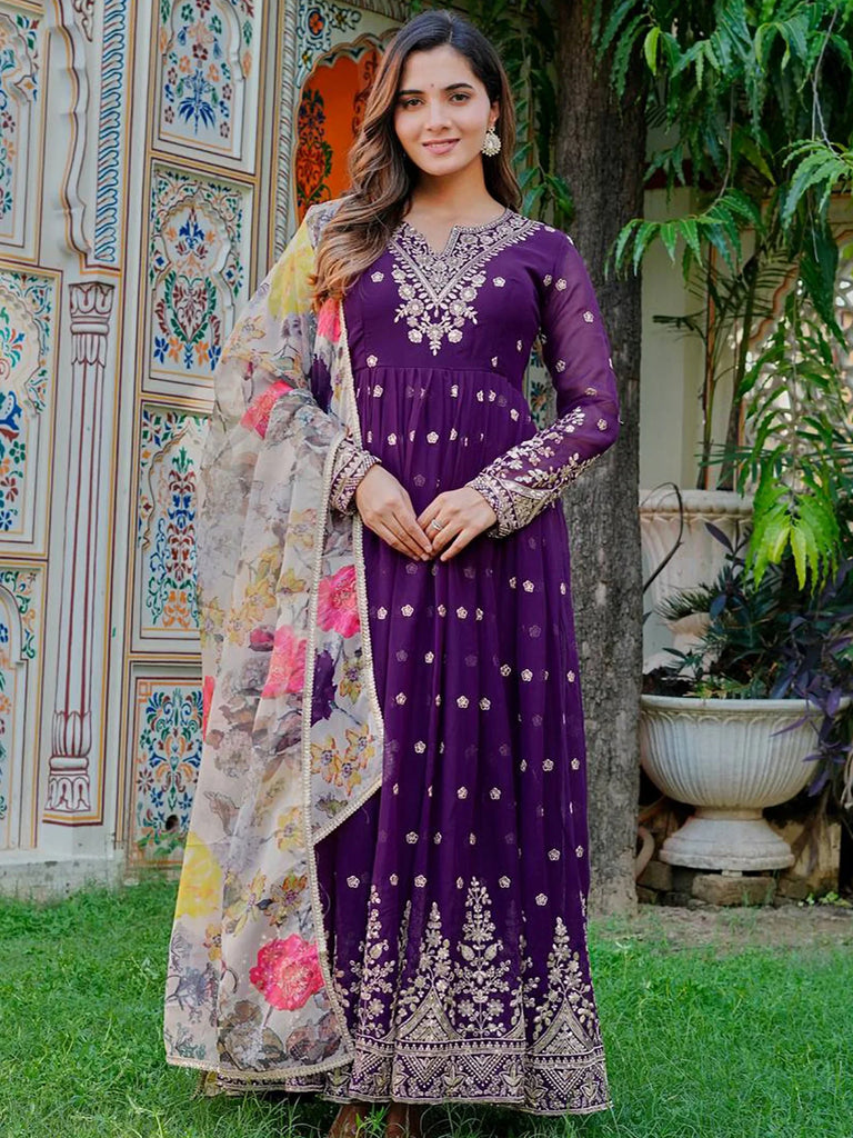 Stunning Purple Embroidered Georgette Wedding Wear Gown With Dupatta