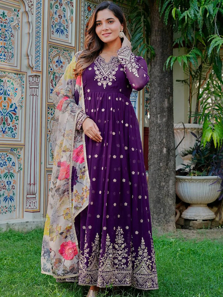 Stunning Purple Embroidered Georgette Wedding Wear Gown With Dupatta