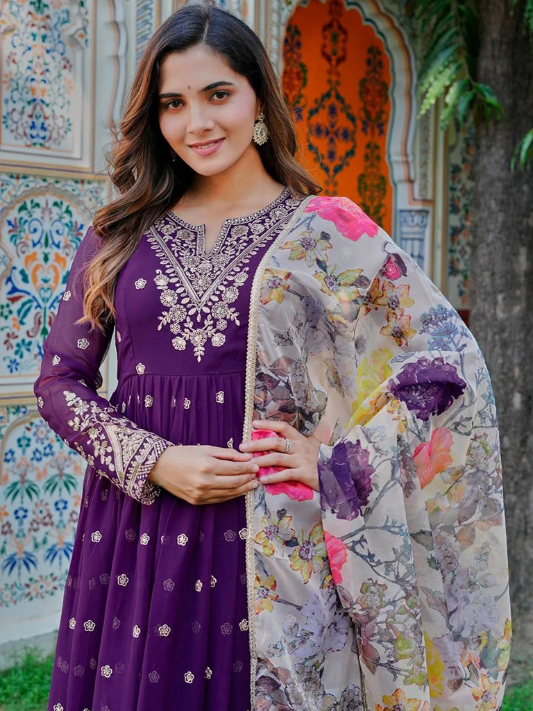 Stunning Purple Embroidered Georgette Wedding Wear Gown With Dupatta