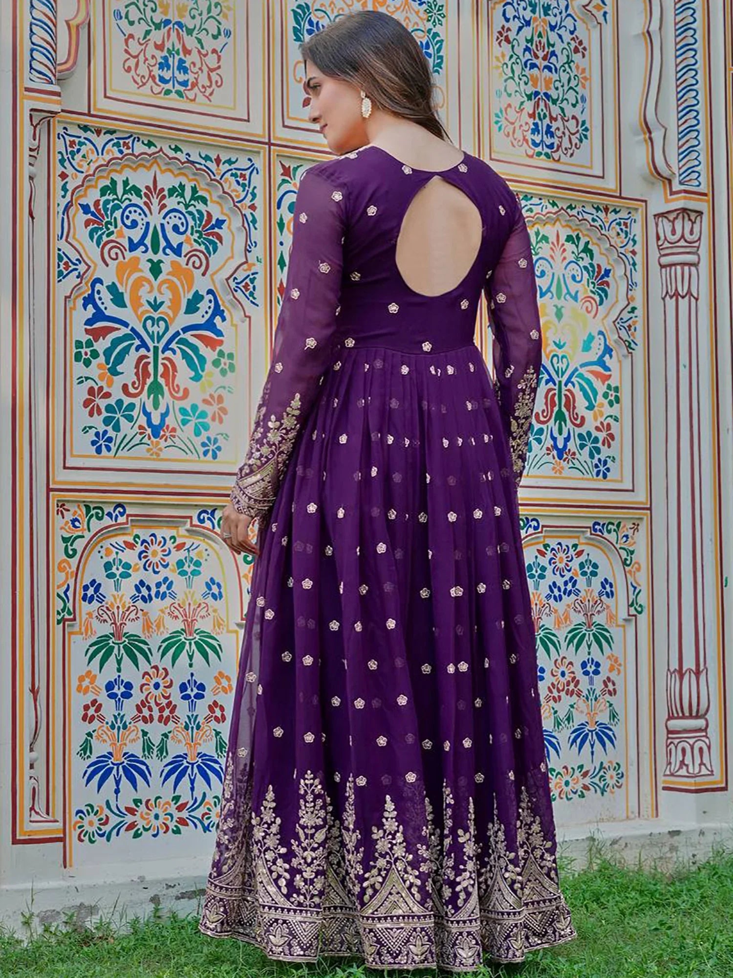 Stunning Purple Embroidered Georgette Wedding Wear Gown With Dupatta