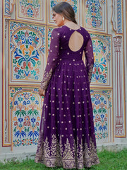 Stunning Purple Embroidered Georgette Wedding Wear Gown With Dupatta