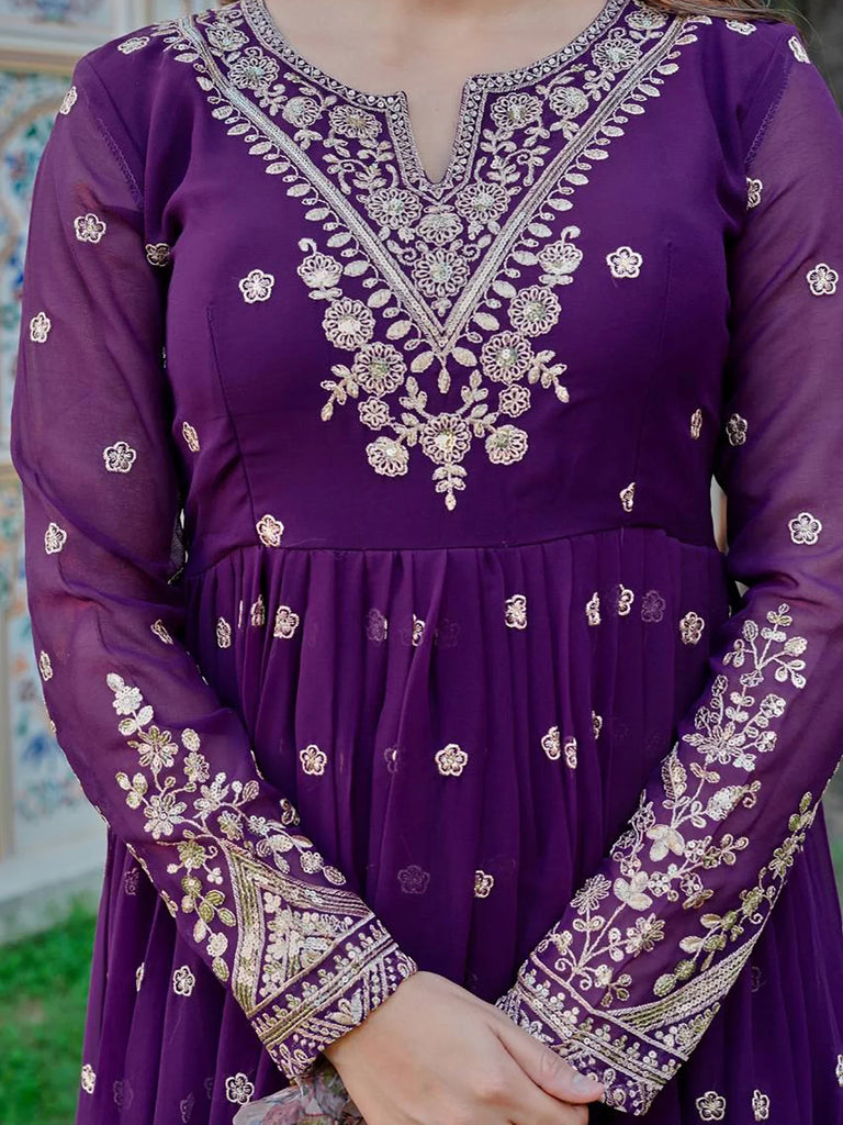 Stunning Purple Embroidered Georgette Wedding Wear Gown With Dupatta