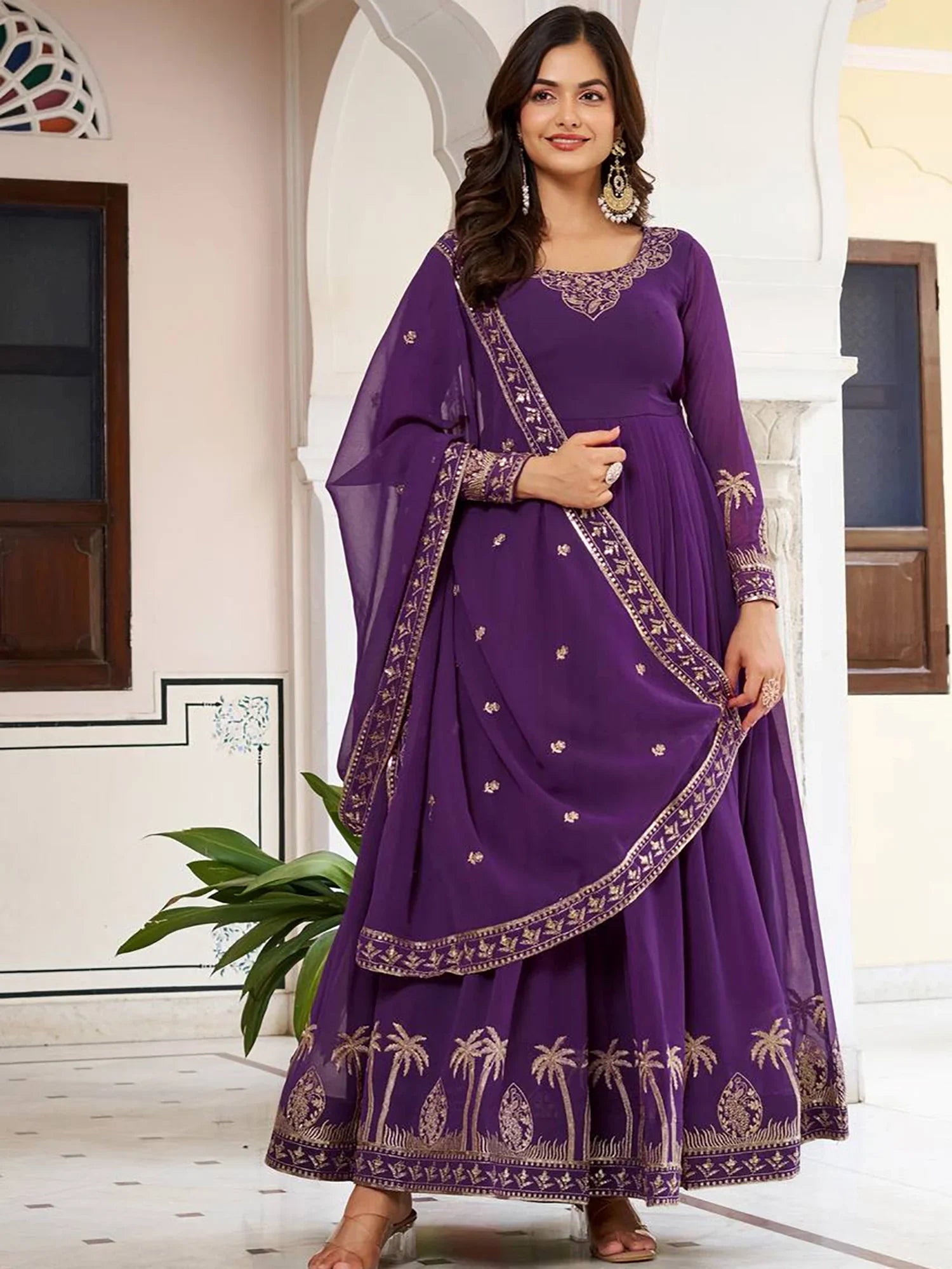 Lovely Purple Embroidered Georgette Function Wear Gown With Dupatta