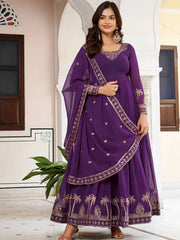 Lovely Purple Embroidered Georgette Function Wear Gown With Dupatta