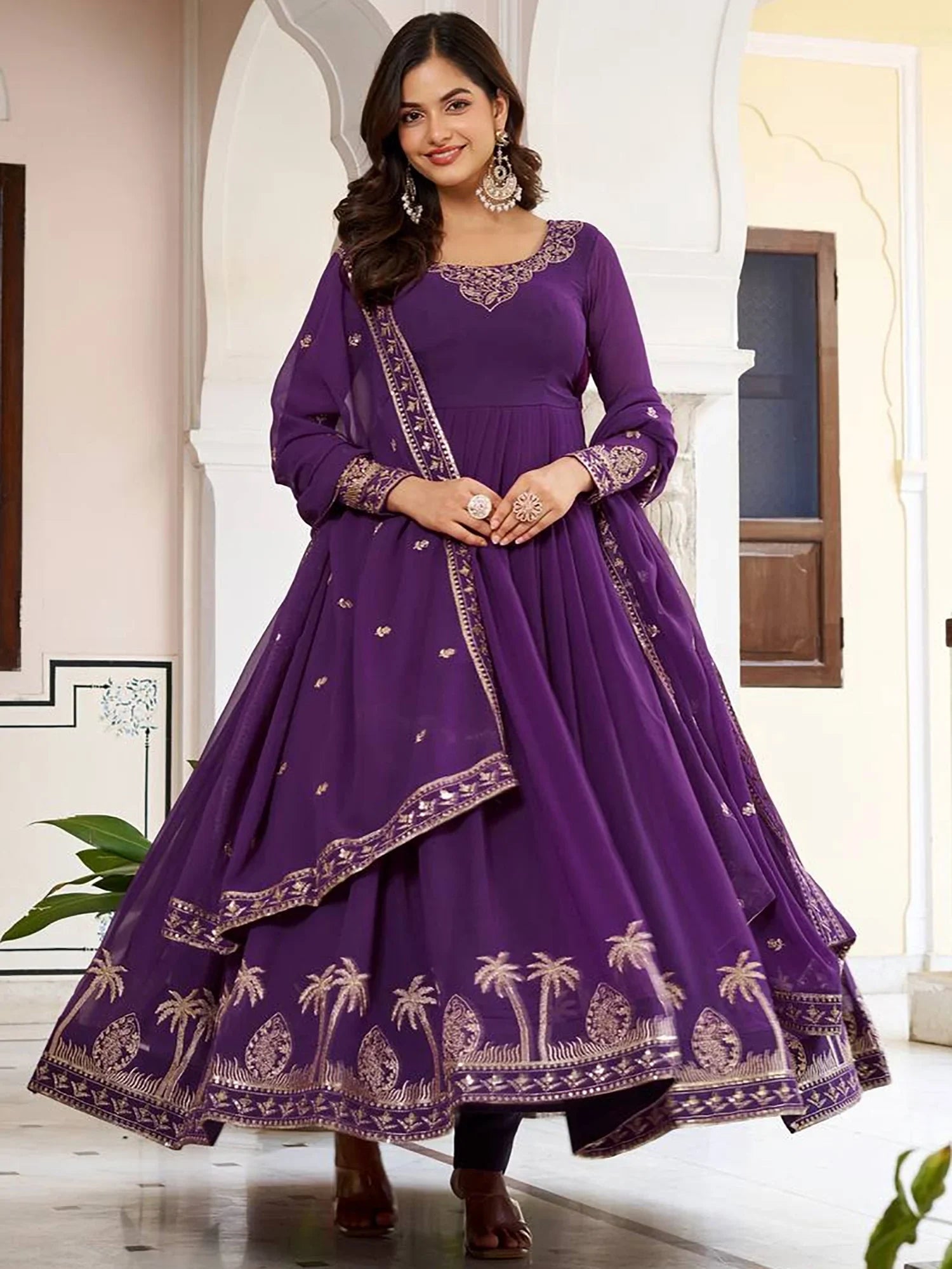 Lovely Purple Embroidered Georgette Function Wear Gown With Dupatta