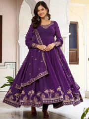Lovely Purple Embroidered Georgette Function Wear Gown With Dupatta