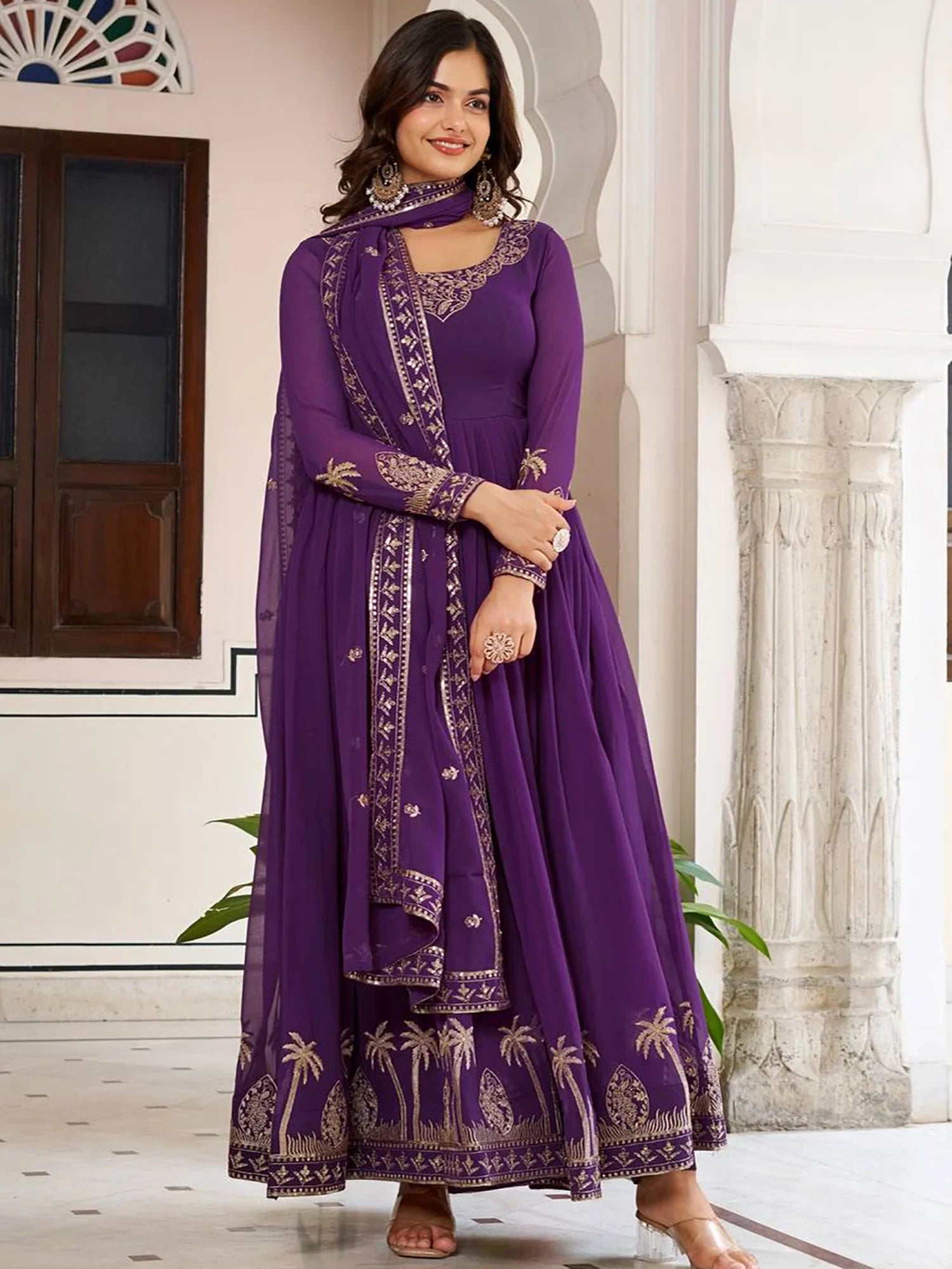 Lovely Purple Embroidered Georgette Function Wear Gown With Dupatta