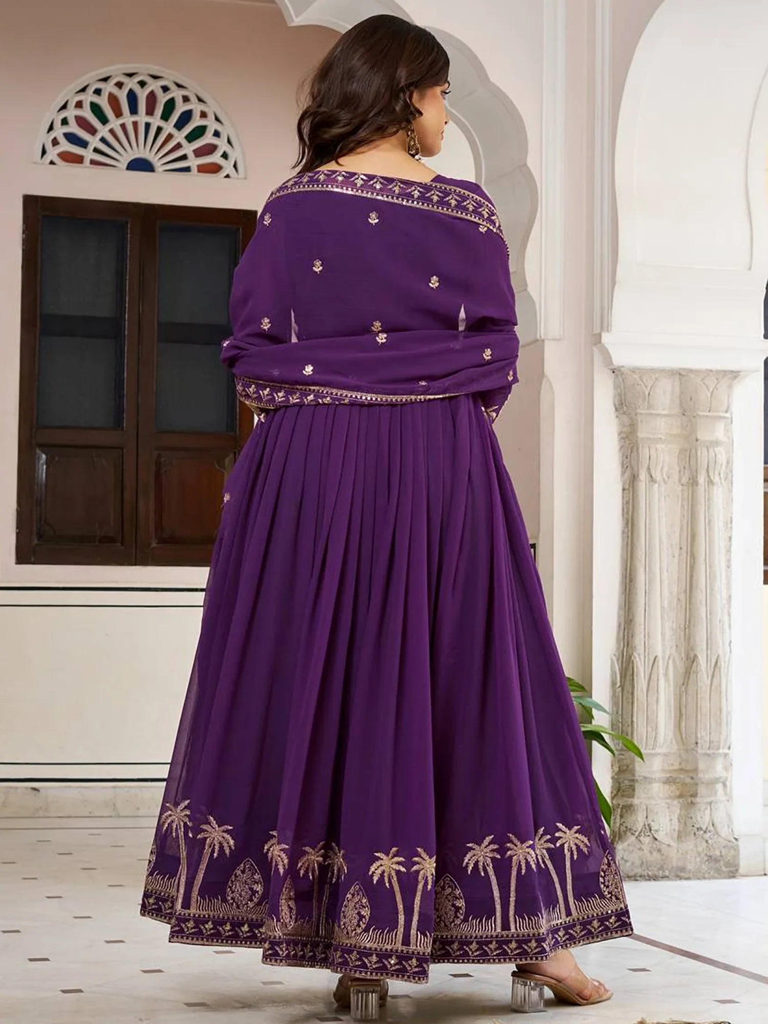 Lovely Purple Embroidered Georgette Function Wear Gown With Dupatta