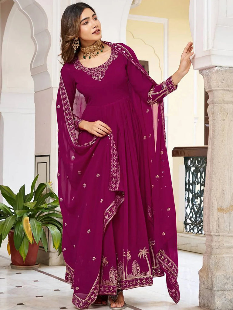 Elegant Pink Embroidered Georgette Wedding Wear Gown With Dupatta
