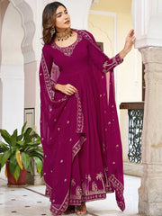 Elegant Pink Embroidered Georgette Wedding Wear Gown With Dupatta