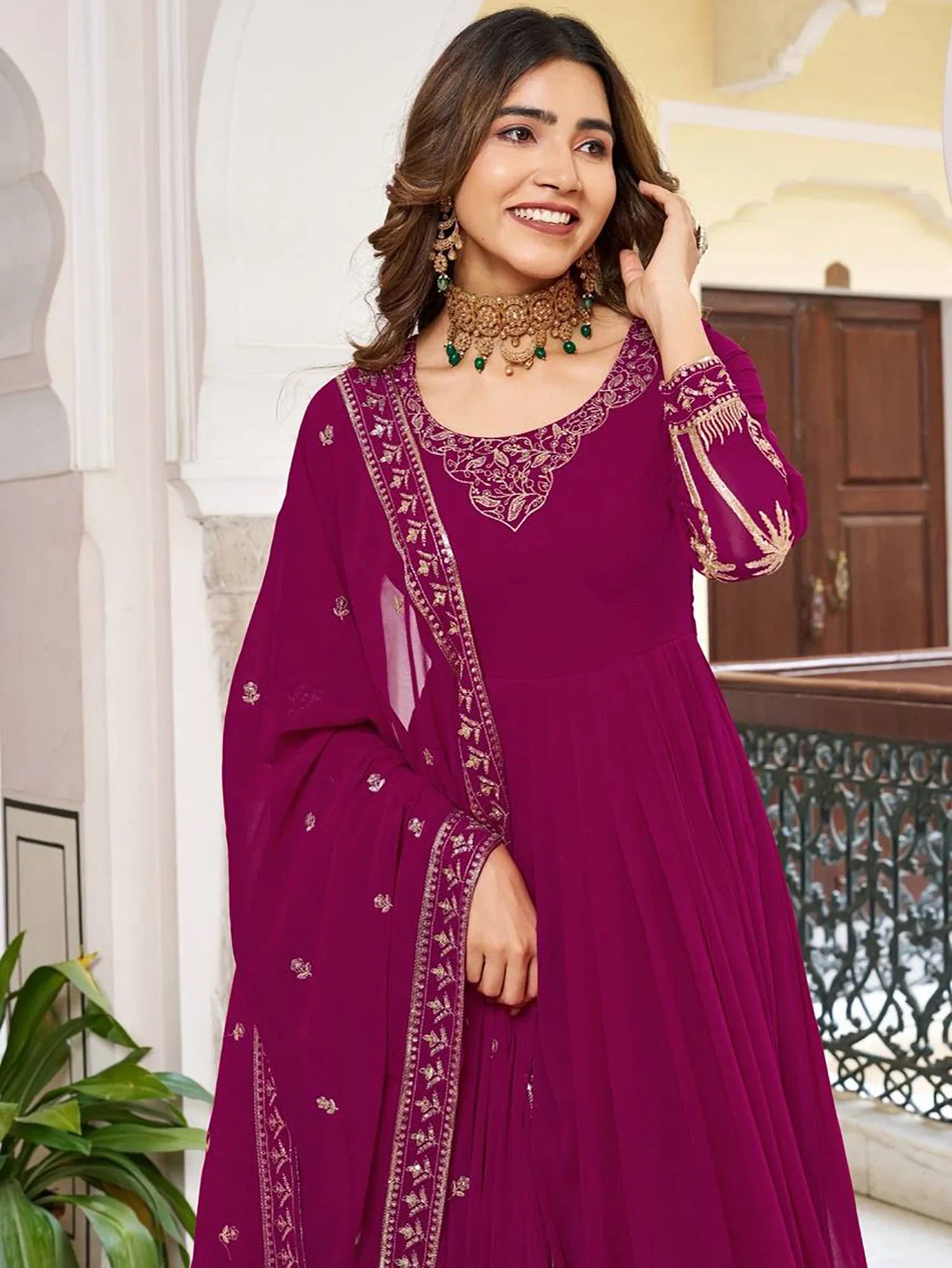 Elegant Pink Embroidered Georgette Wedding Wear Gown With Dupatta
