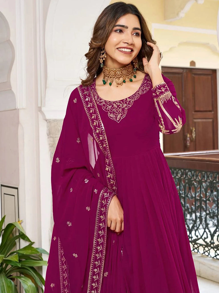 Elegant Pink Embroidered Georgette Wedding Wear Gown With Dupatta
