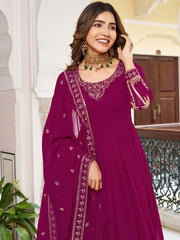 Elegant Pink Embroidered Georgette Wedding Wear Gown With Dupatta