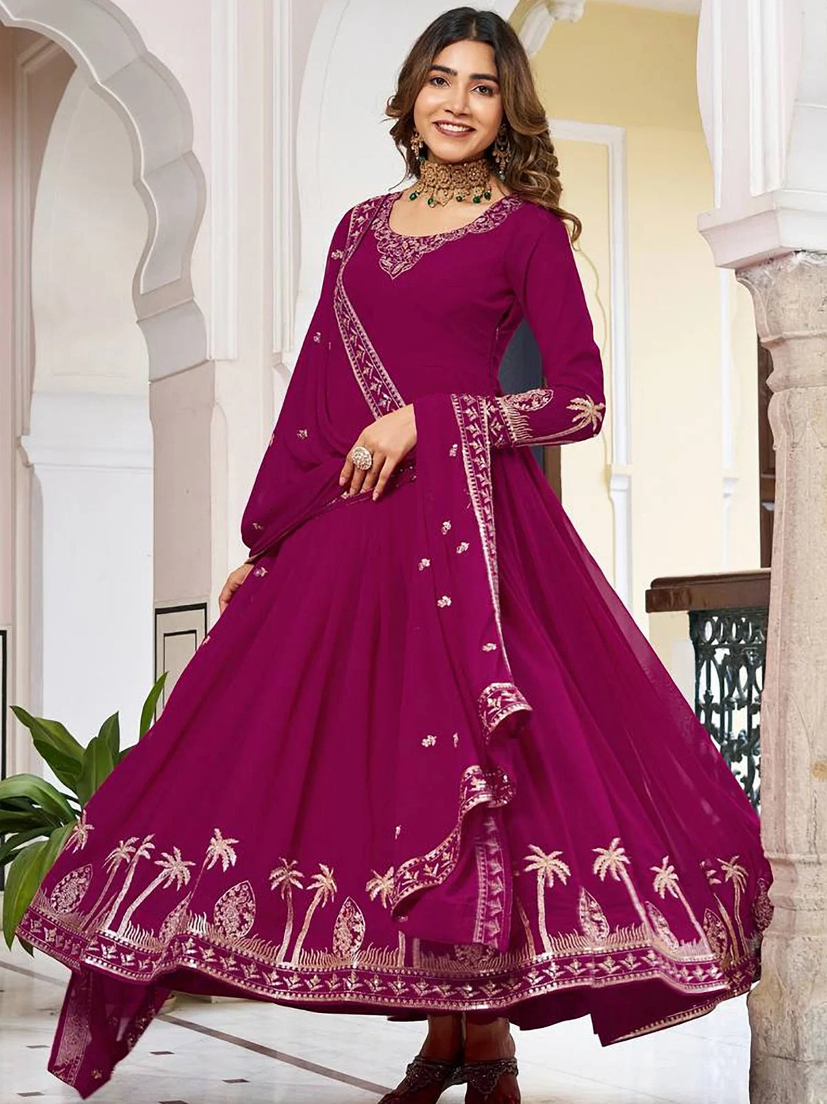 Elegant Pink Embroidered Georgette Wedding Wear Gown With Dupatta