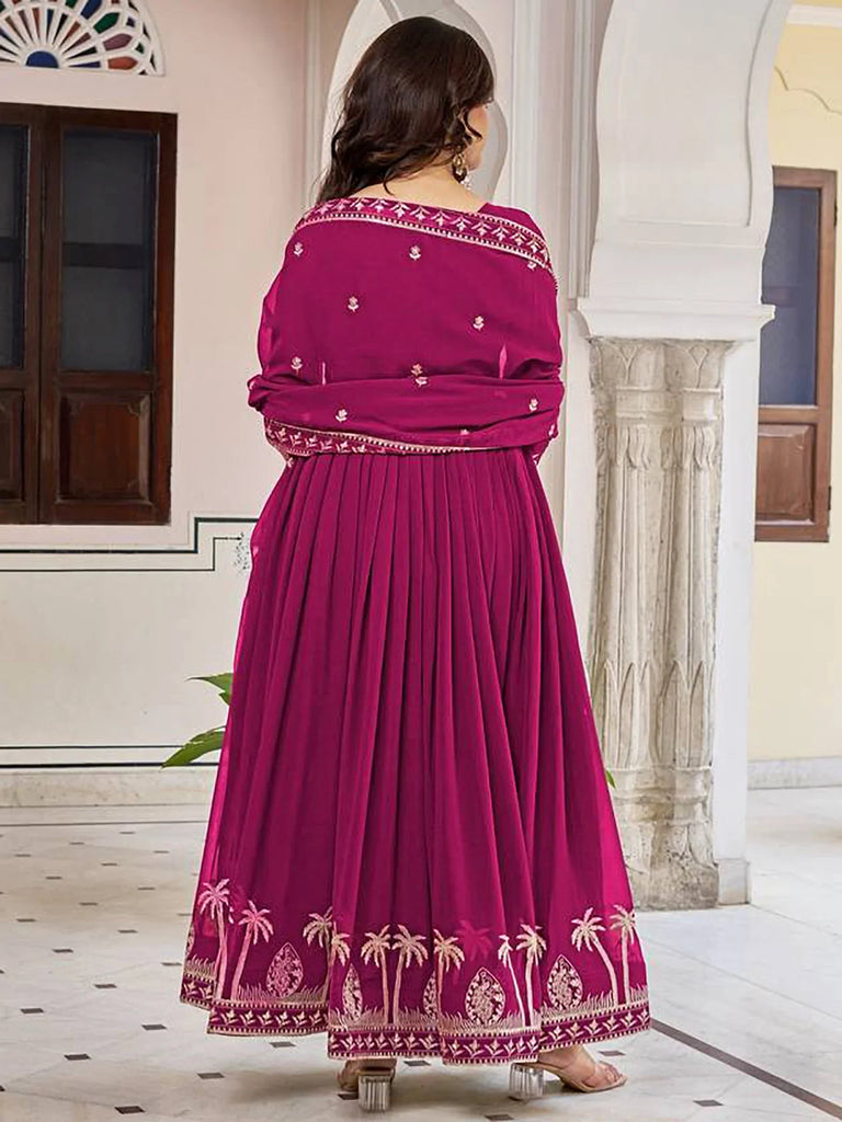 Elegant Pink Embroidered Georgette Wedding Wear Gown With Dupatta