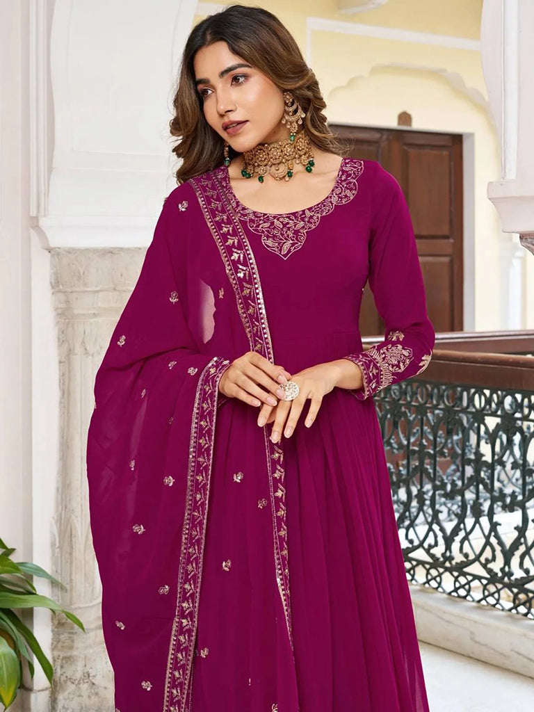 Elegant Pink Embroidered Georgette Wedding Wear Gown With Dupatta