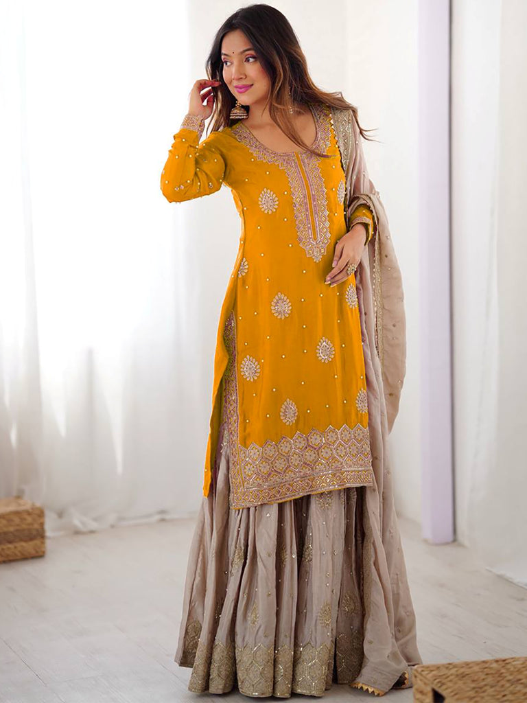 Impressive Yellow Embroidered Silk Festival Wear Sharara Suit
