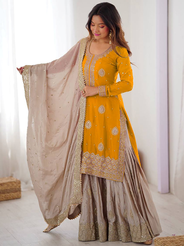 Impressive Yellow Embroidered Silk Festival Wear Sharara Suit