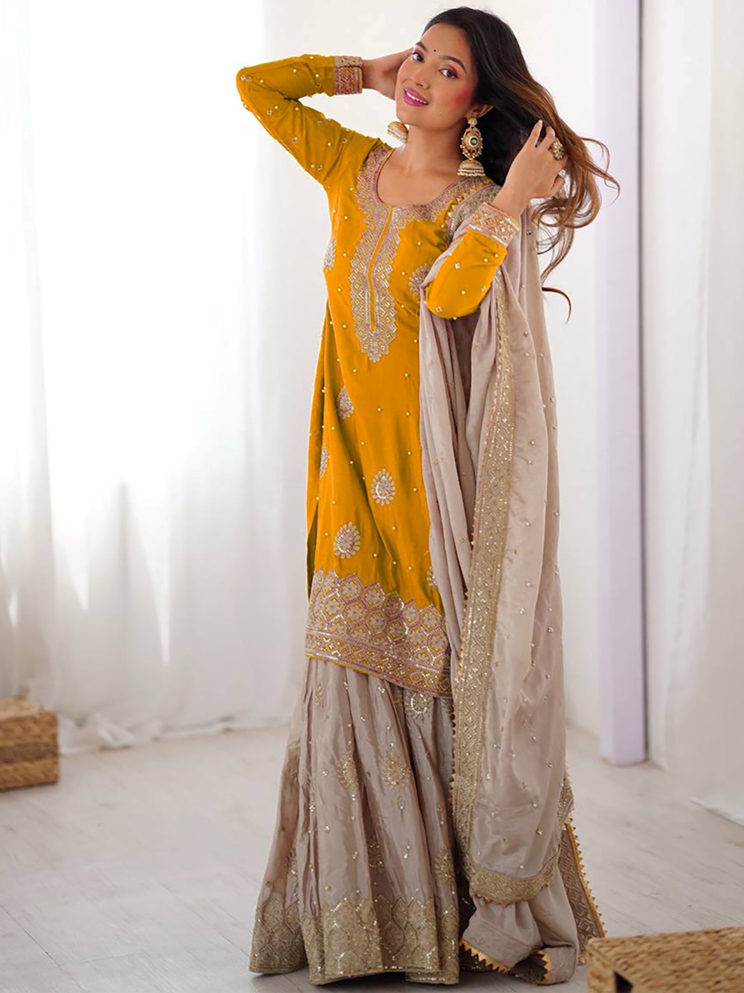 Impressive Yellow Embroidered Silk Festival Wear Sharara Suit