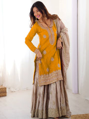 Impressive Yellow Embroidered Silk Festival Wear Sharara Suit
