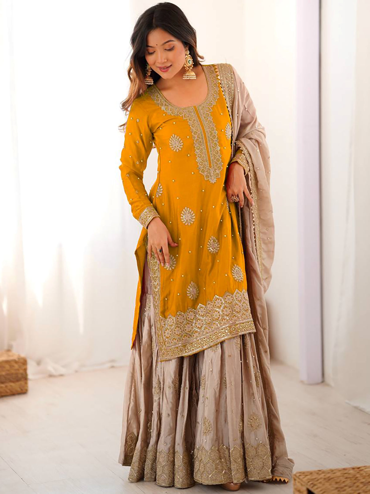 Impressive Yellow Embroidered Silk Festival Wear Sharara Suit