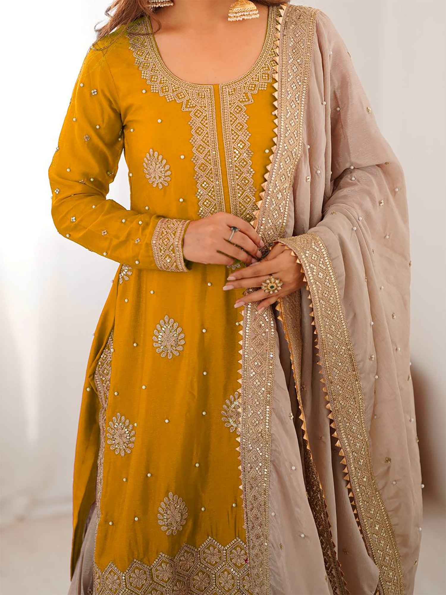 Impressive Yellow Embroidered Silk Festival Wear Sharara Suit