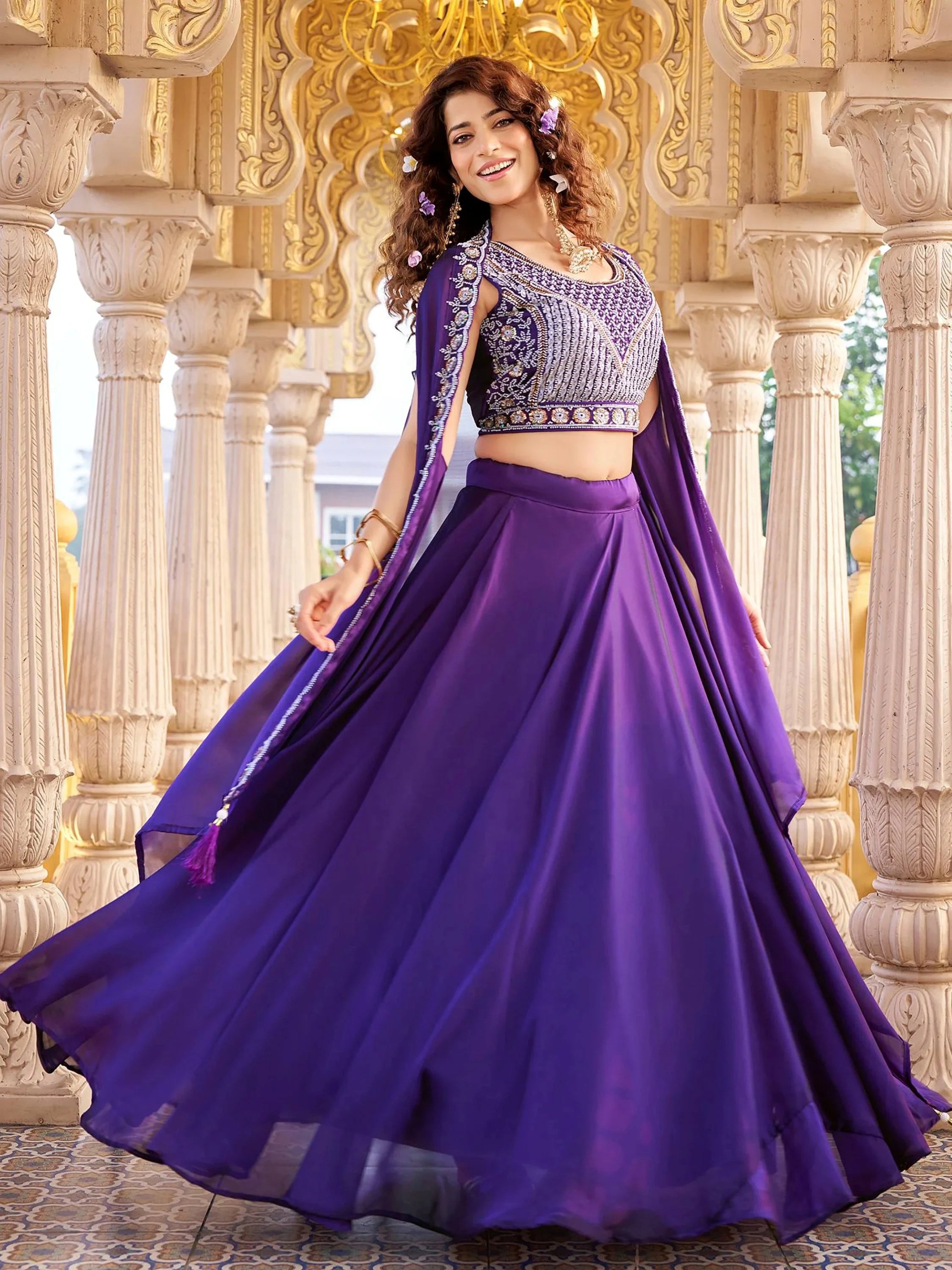 Impressive Purple Beads Work Silk Wedding Wear Cape Lehenga Choli