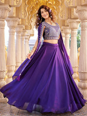 Impressive Purple Beads Work Silk Wedding Wear Cape Lehenga Choli