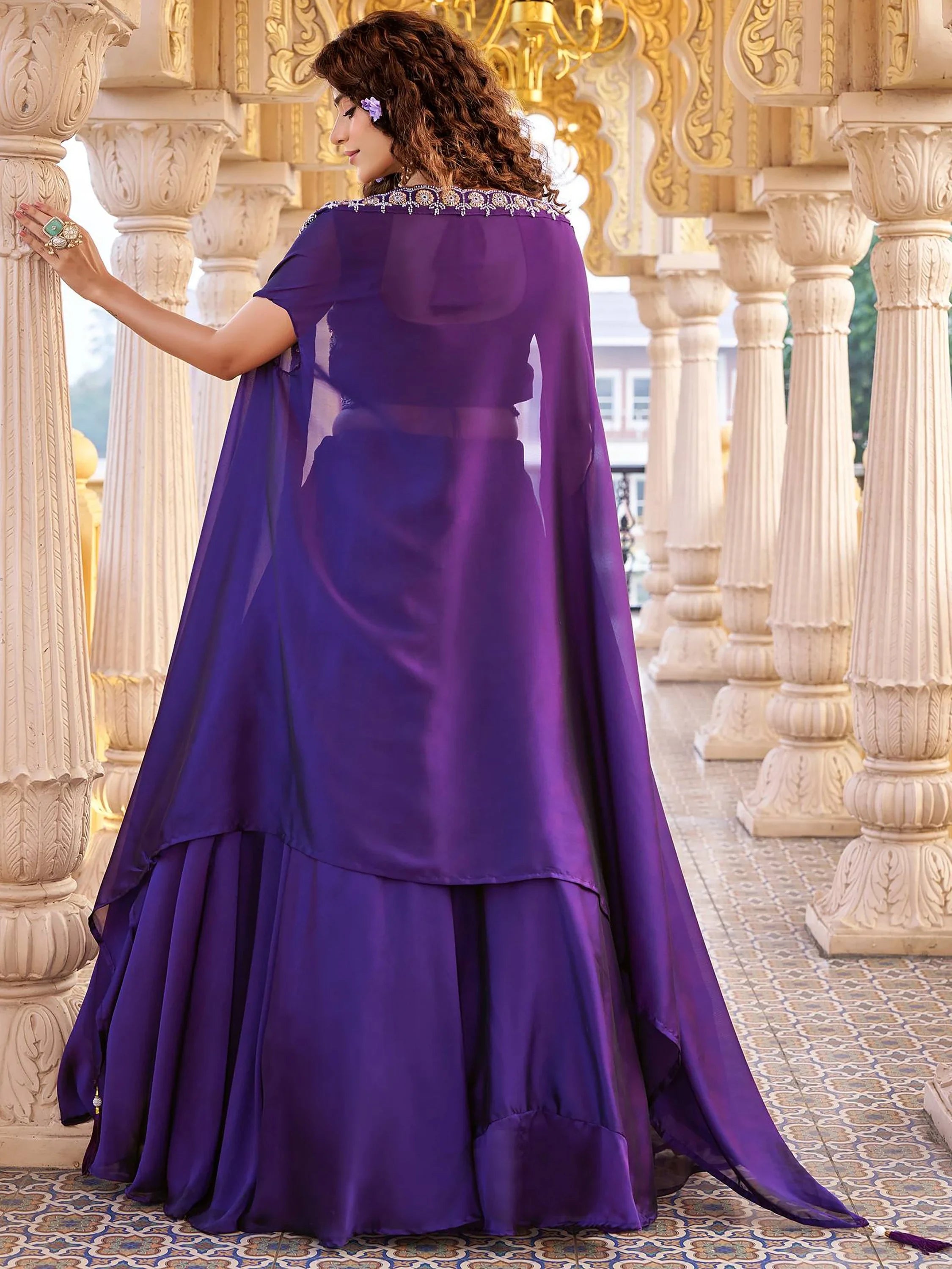 Impressive Purple Beads Work Silk Wedding Wear Cape Lehenga Choli