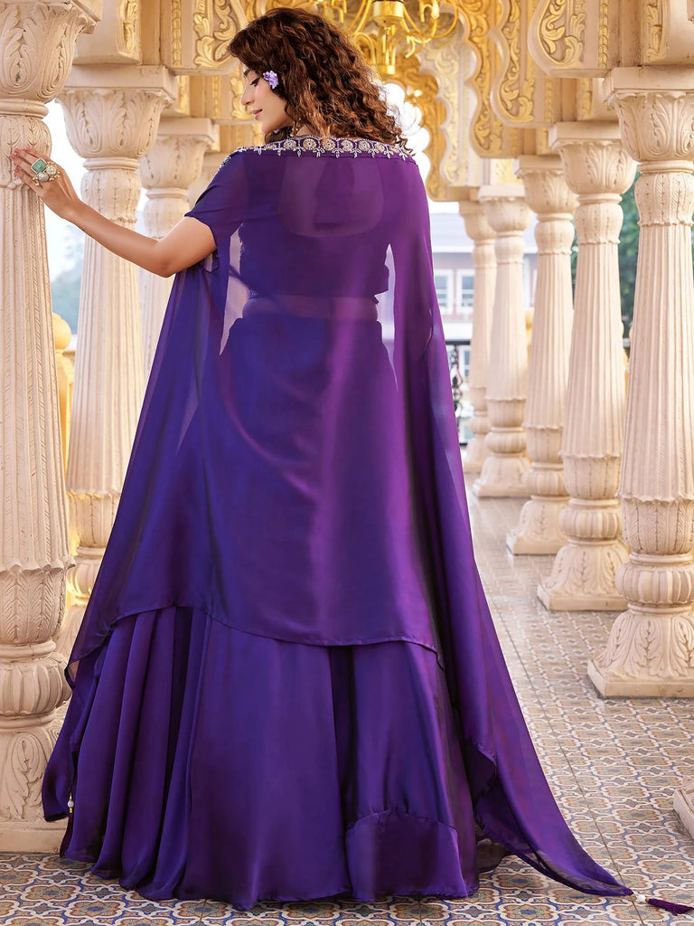 Impressive Purple Beads Work Silk Wedding Wear Cape Lehenga Choli