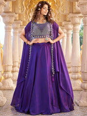 Impressive Purple Beads Work Silk Wedding Wear Cape Lehenga Choli