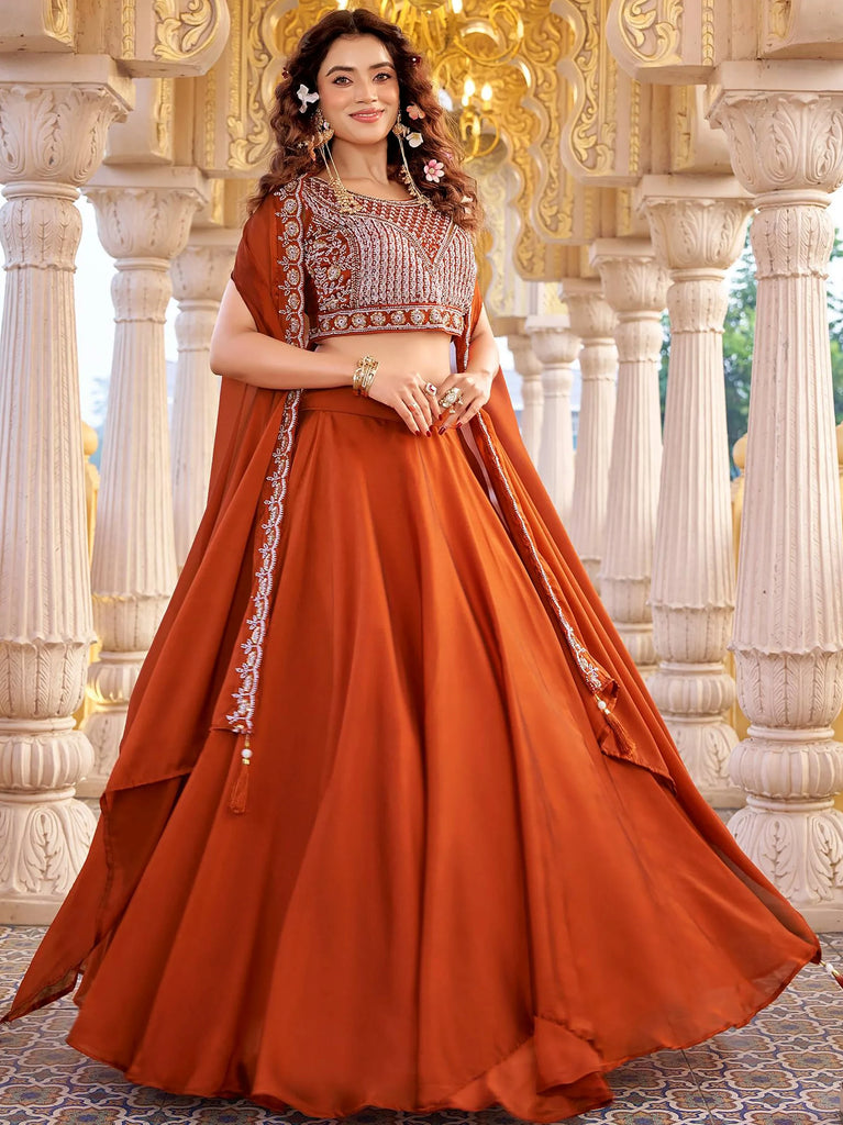Attractive Orange Beads Work Silk Function Wear Cape Lehenga Choli