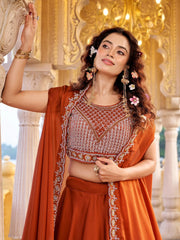 Attractive Orange Beads Work Silk Function Wear Cape Lehenga Choli