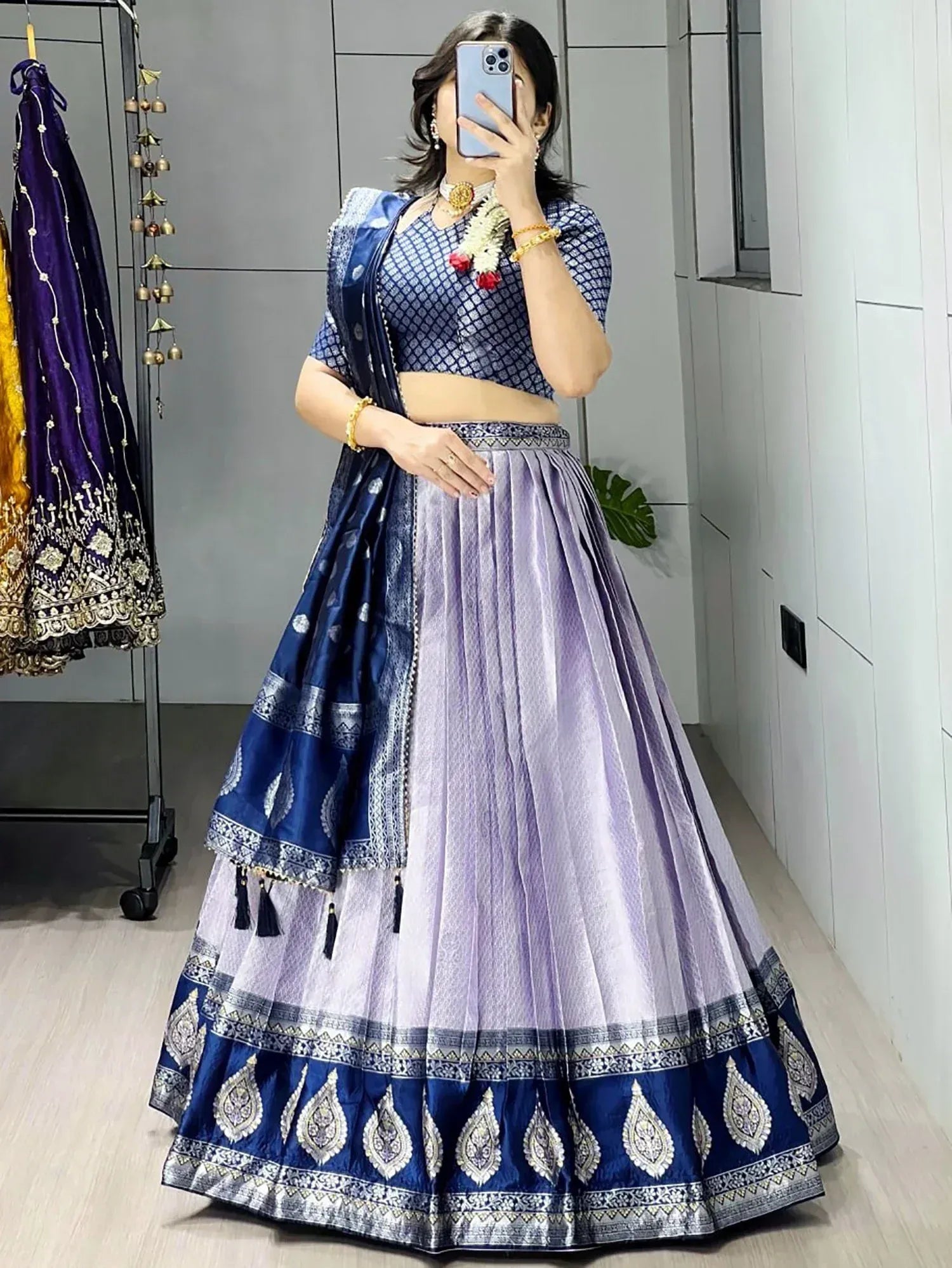 Great Purple And Blue Zari Weaving Silk Wedding Wear Lehenga Choli